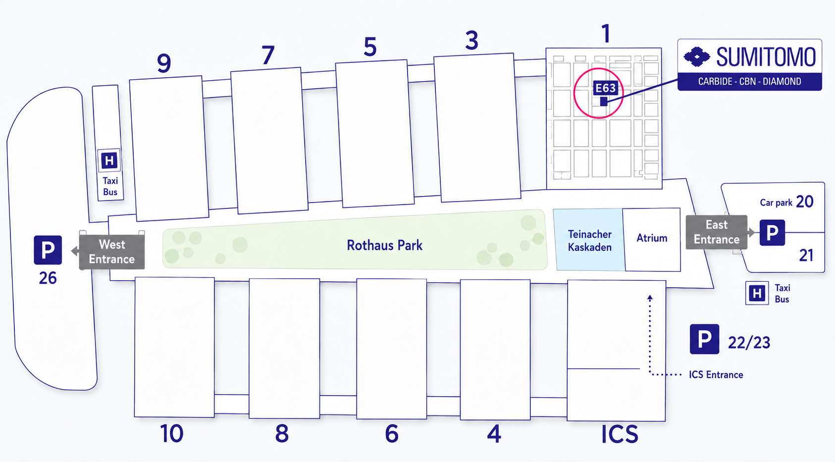 AMB exhibition hall plan showing Hall 1 and the location of the SUMITOMO booth